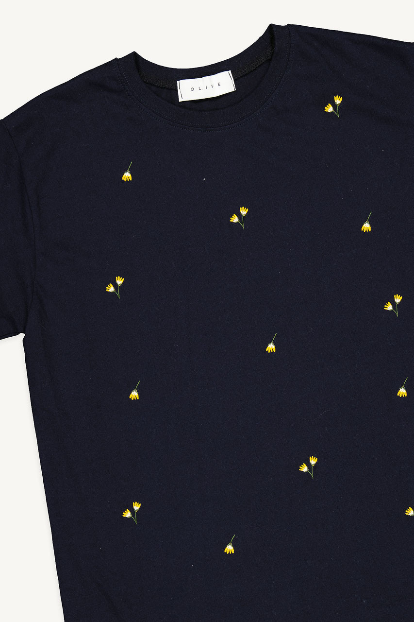 Dandelion Embroidered Tee, Navy