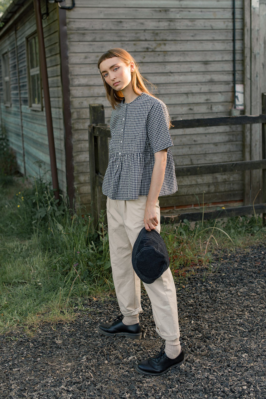 Faye Gingham Half Sleeve Blouse, Navy
