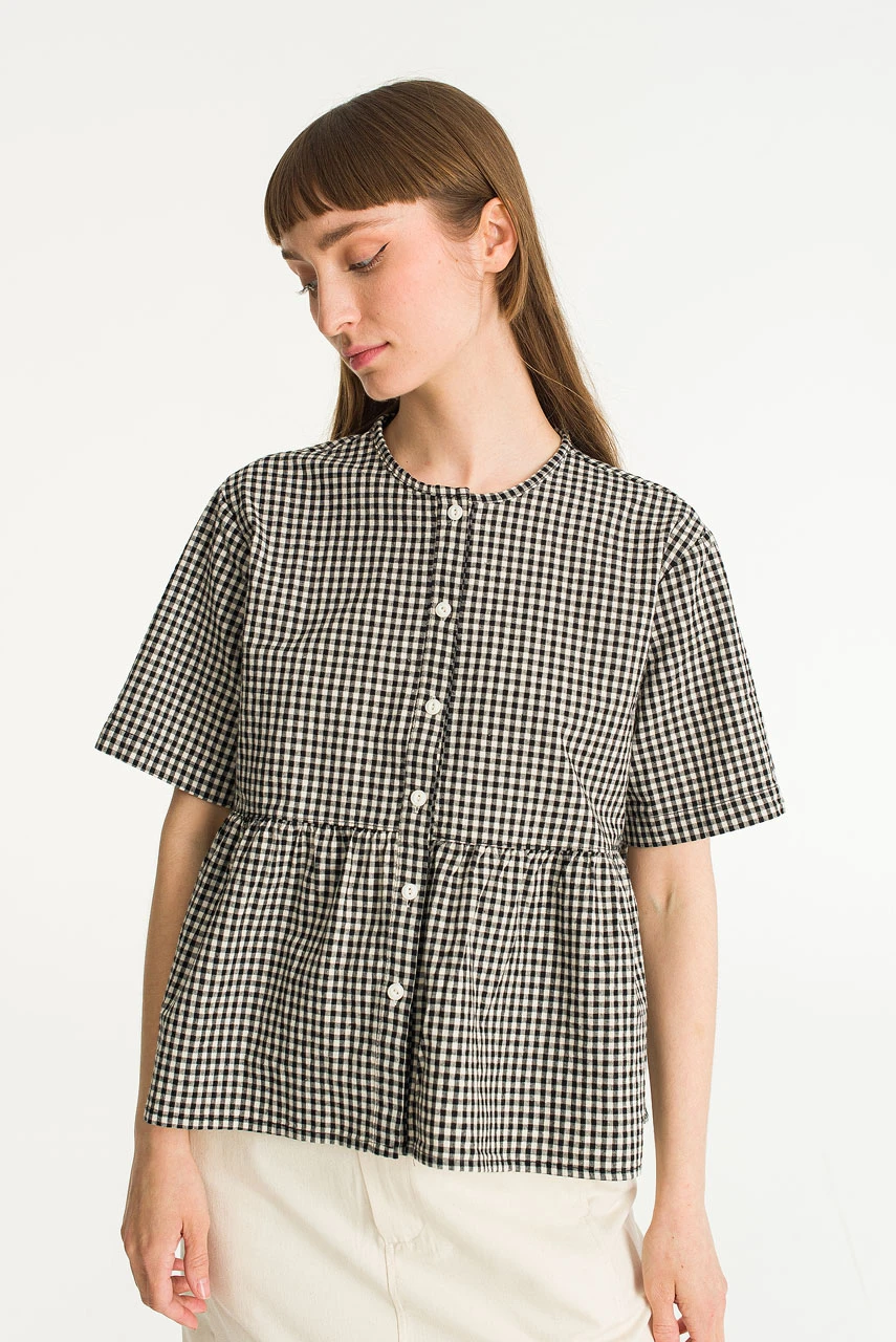 Faye Gingham Half Sleeve Blouse, Black