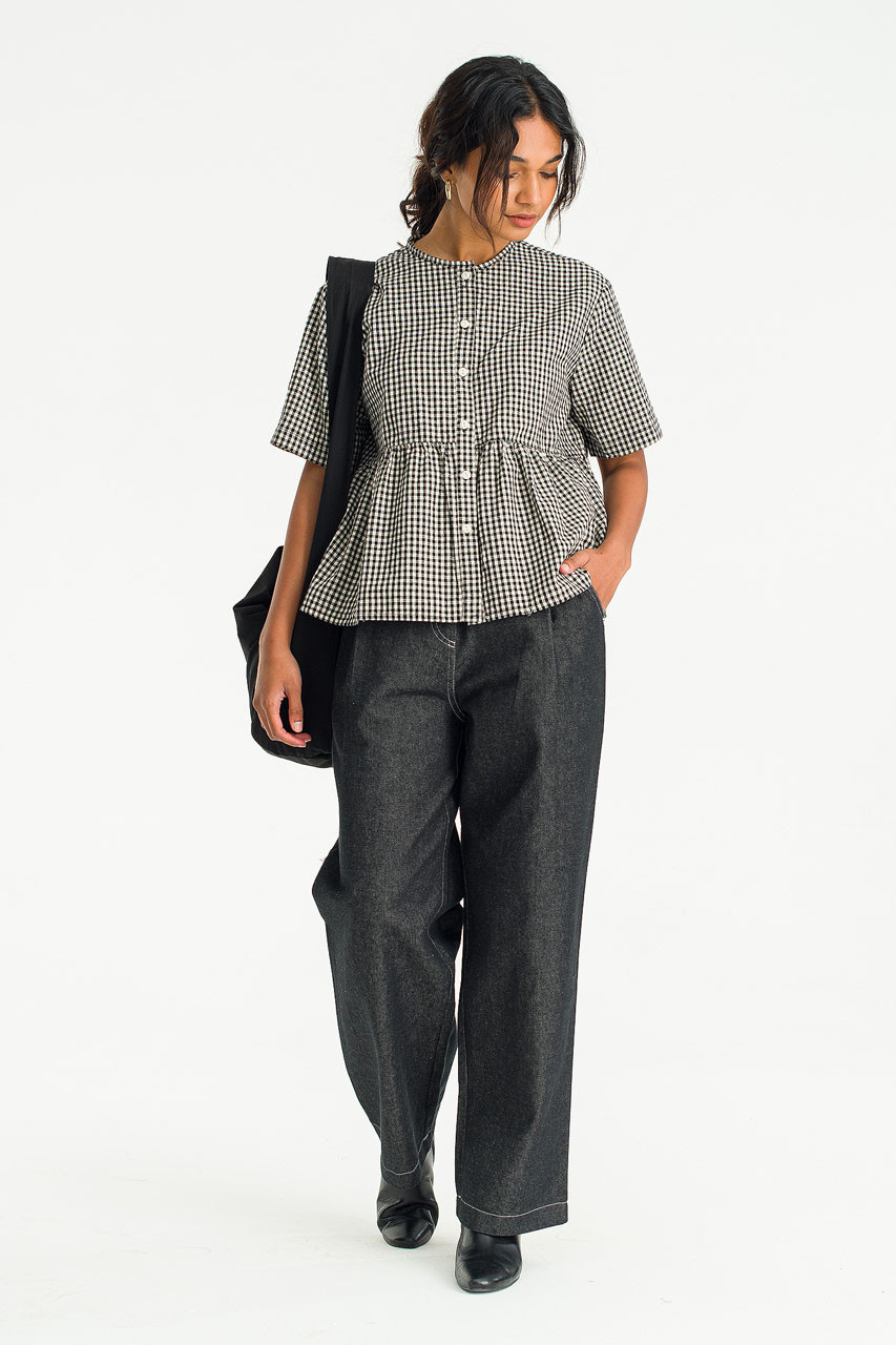 Faye Gingham Half Sleeve Blouse, Black