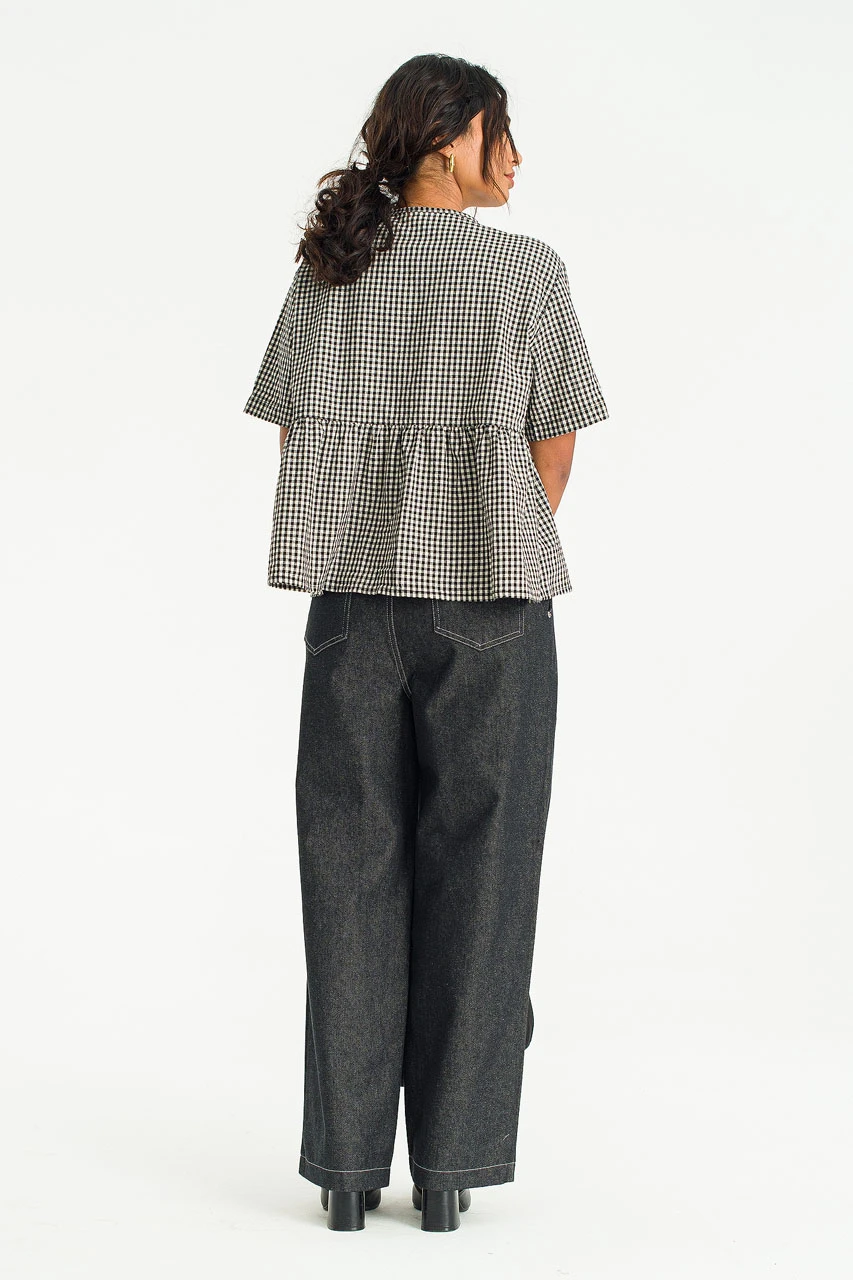 Faye Gingham Half Sleeve Blouse, Black