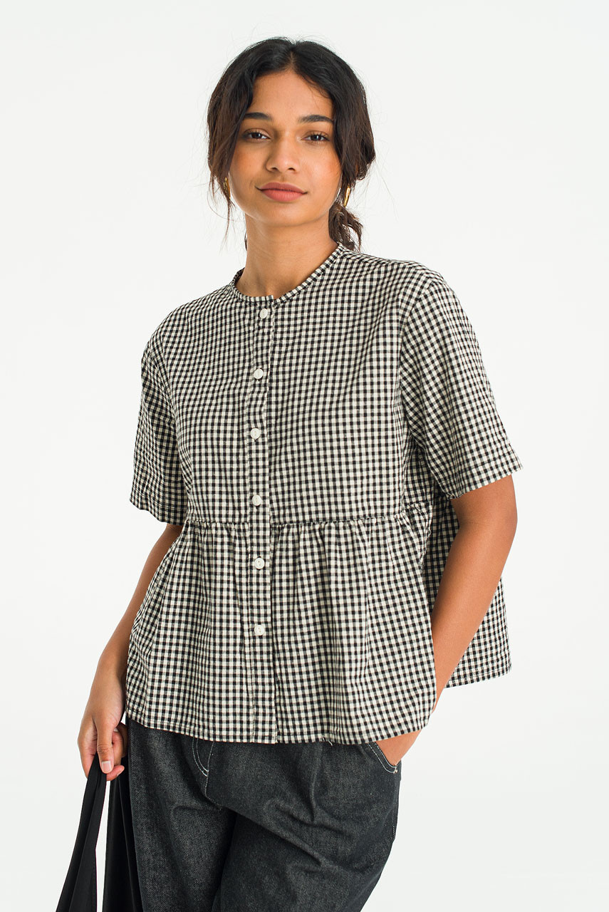 Faye Gingham Half Sleeve Blouse, Black