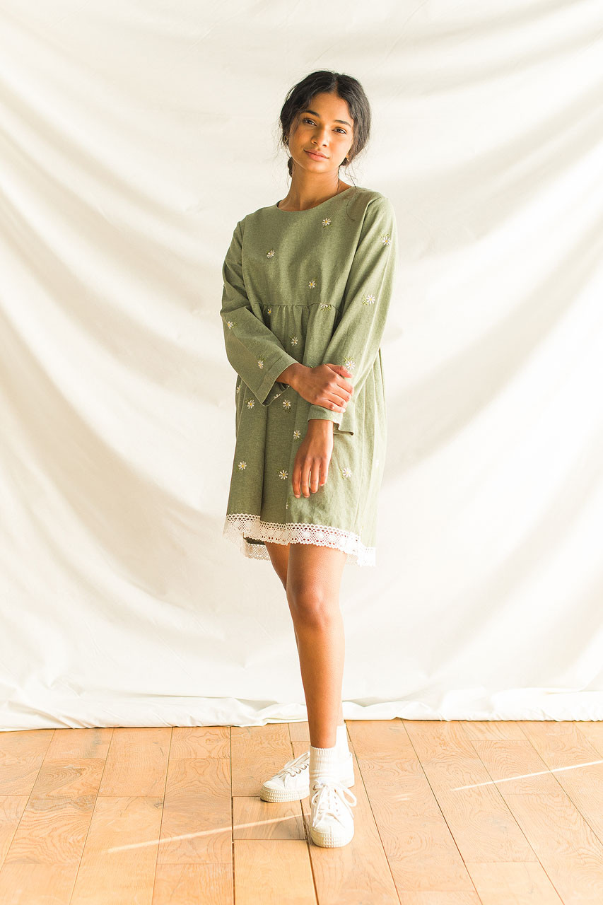 Daisy Embroidered Babydoll Dress, Khaki