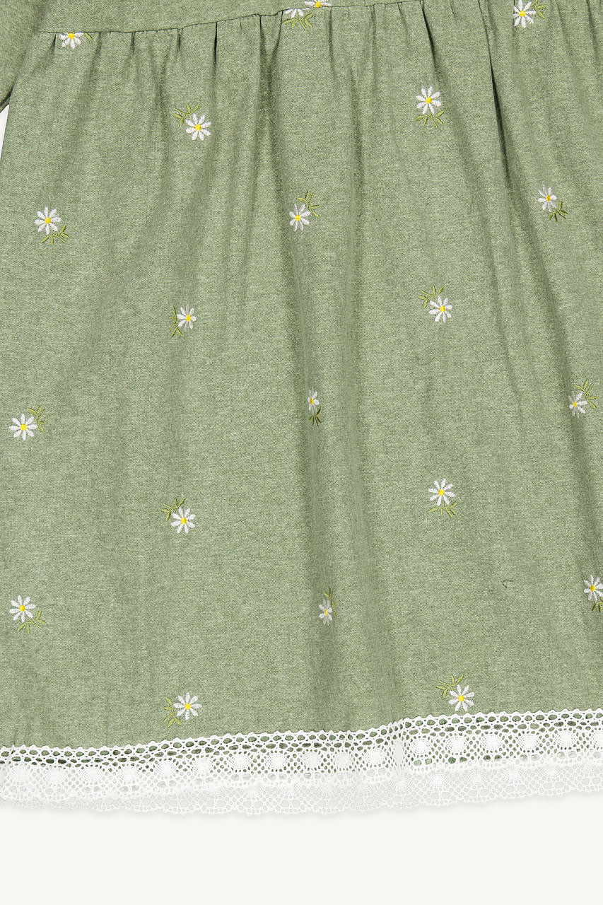 Daisy Embroidered Babydoll Dress, Khaki