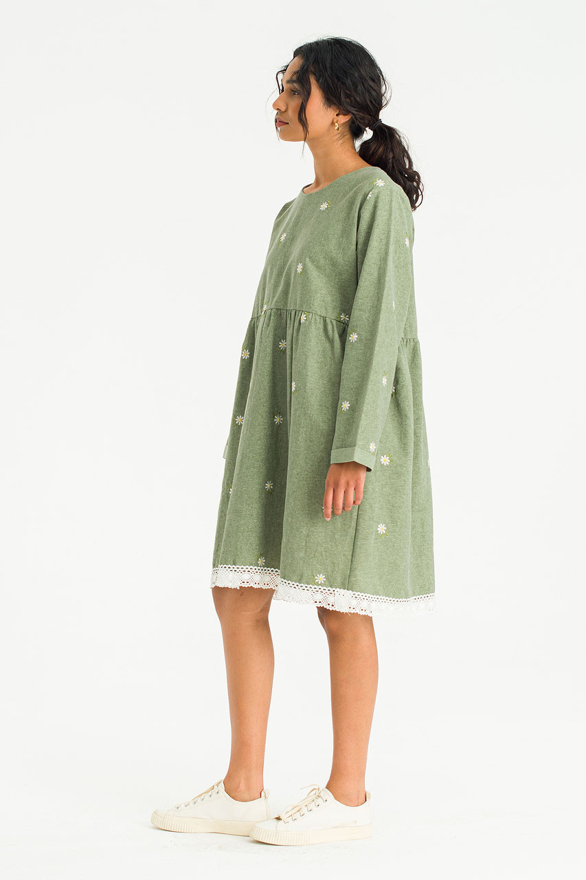Daisy Embroidered Babydoll Dress, Khaki
