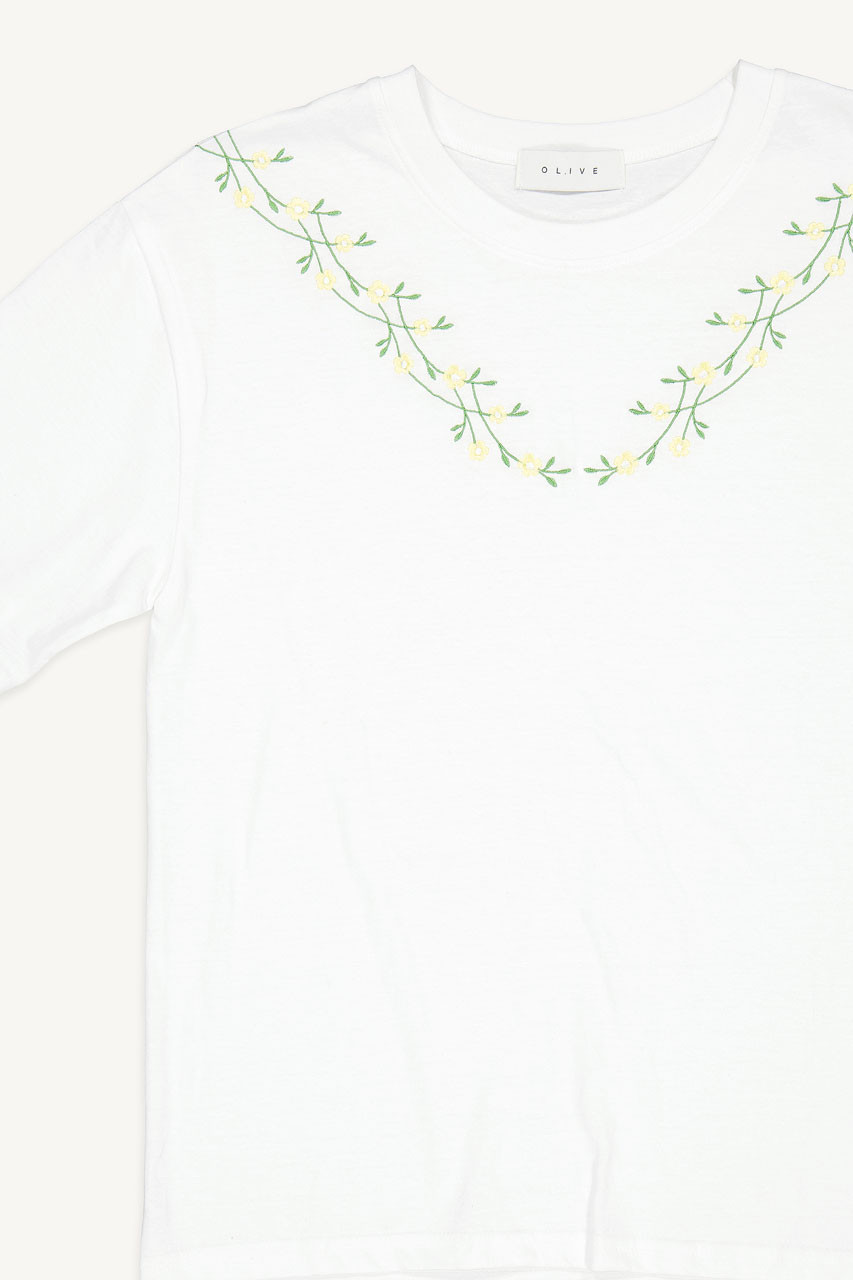 Freesia Vine Embroidery Tee, Ivory