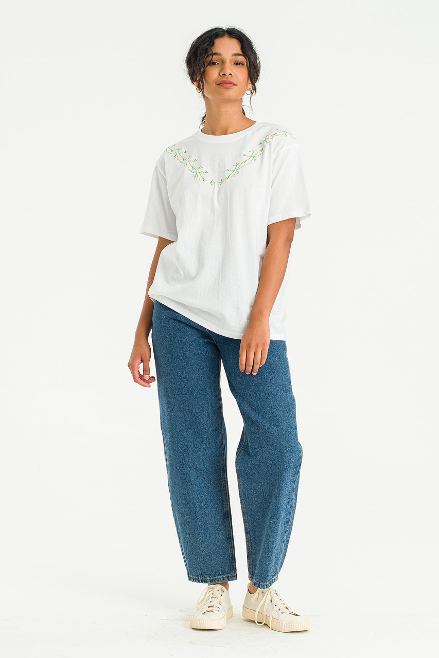 Freesia Vine Embroidery Tee, Ivory