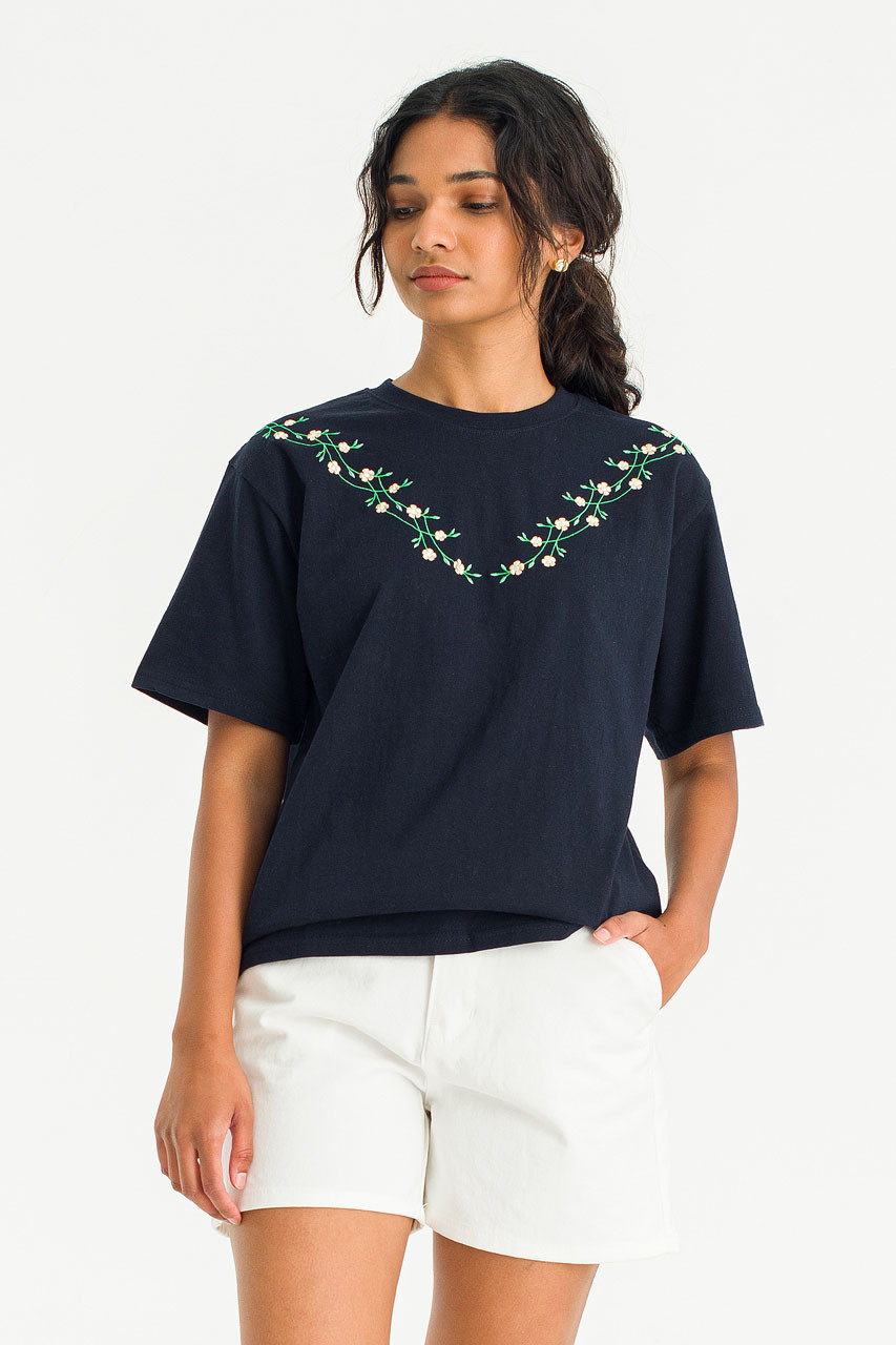 Freesia Vine Embroidery Tee, Navy