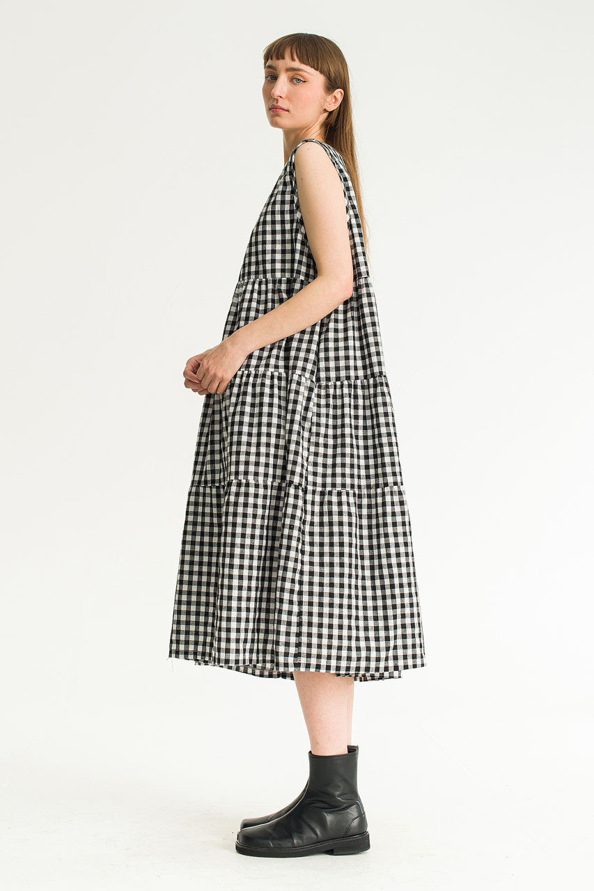 Tiered Gingham Check Dress, Black