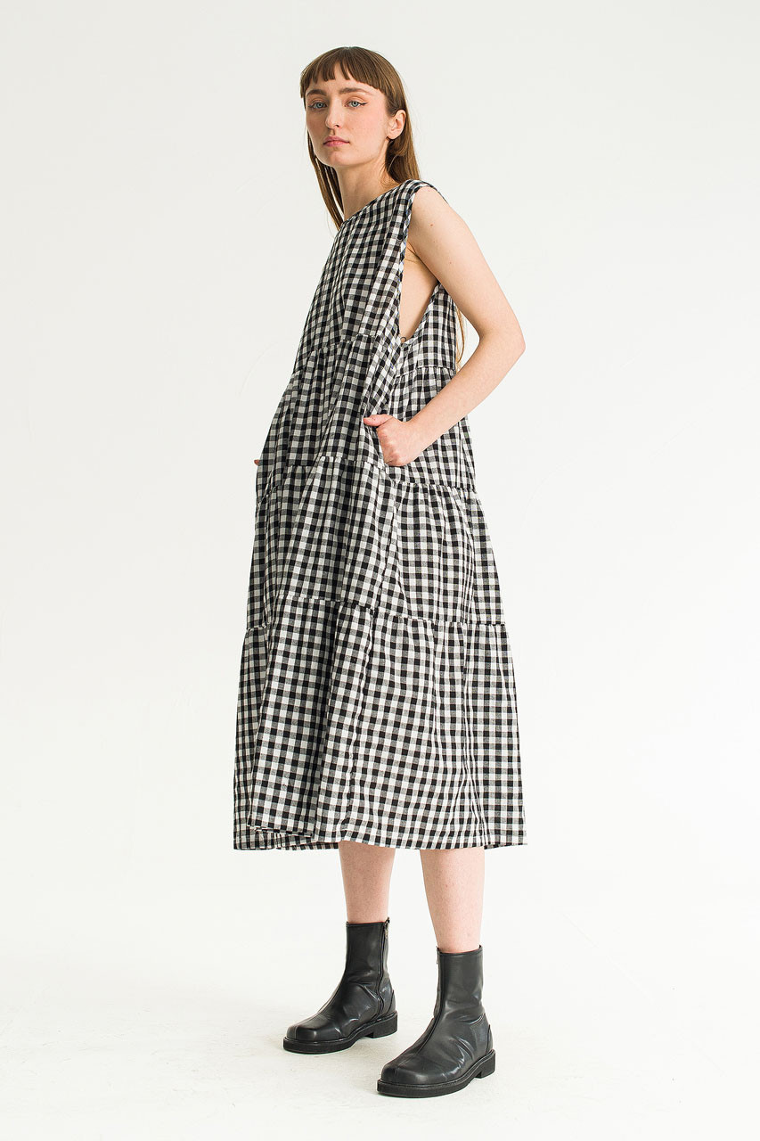 Tiered Gingham Check Dress, Black