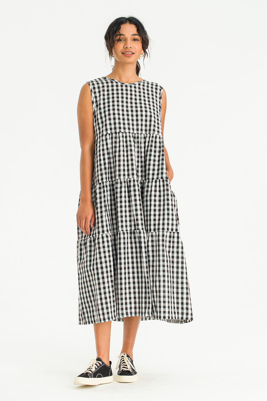 Tiered Gingham Check Dress, Black