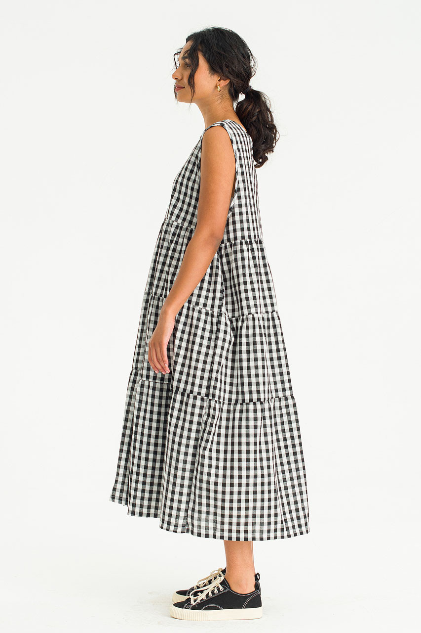 Tiered Gingham Check Dress, Black