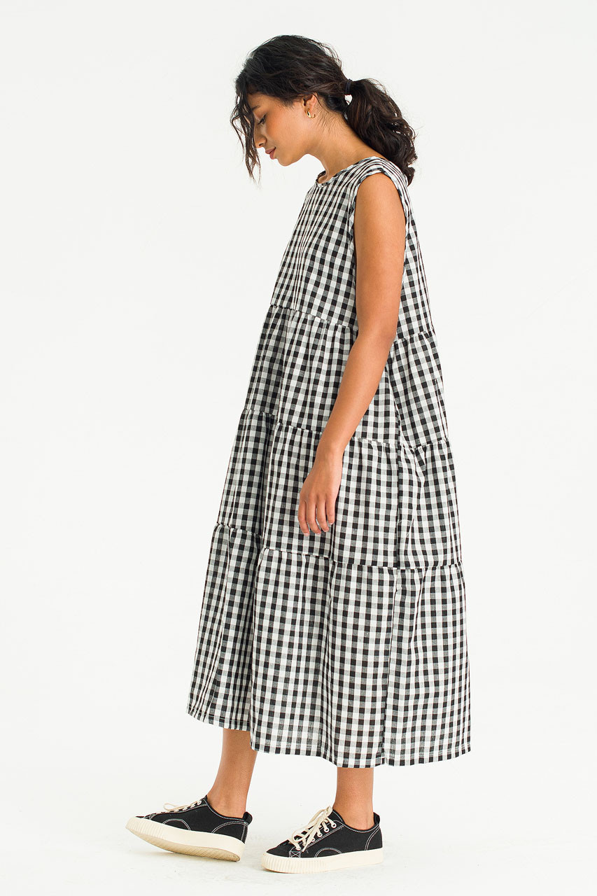 Tiered Gingham Check Dress, Black