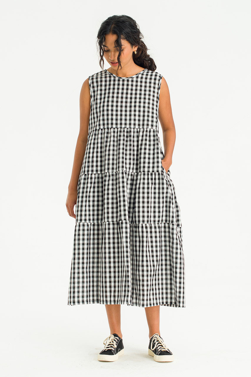 Tiered Gingham Check Dress, Black