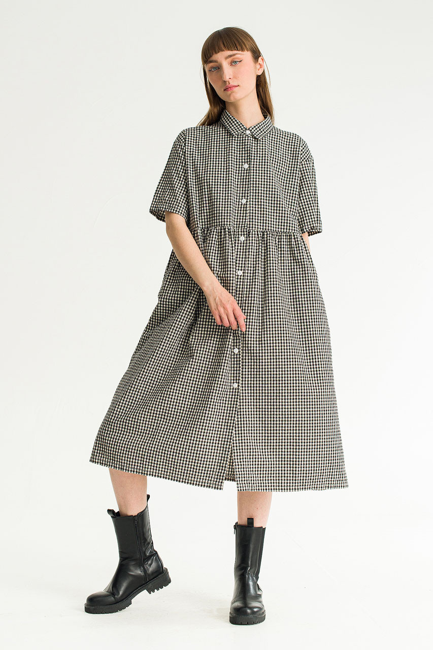 Gingham Shirt Dress, Black