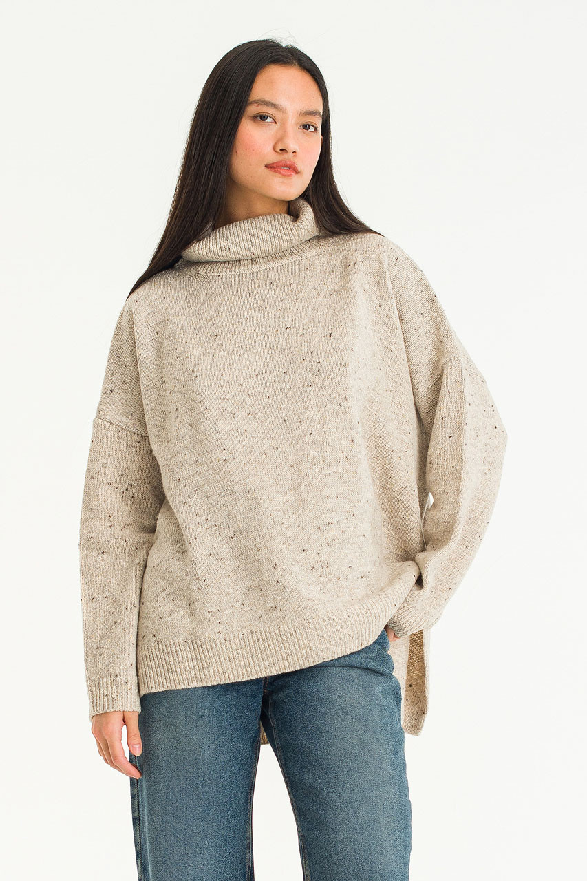 Oversize Boucle Roll Neck Jumper, Pebble