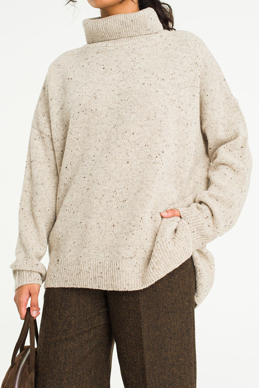 Oversize Boucle Roll Neck Jumper, Pebble