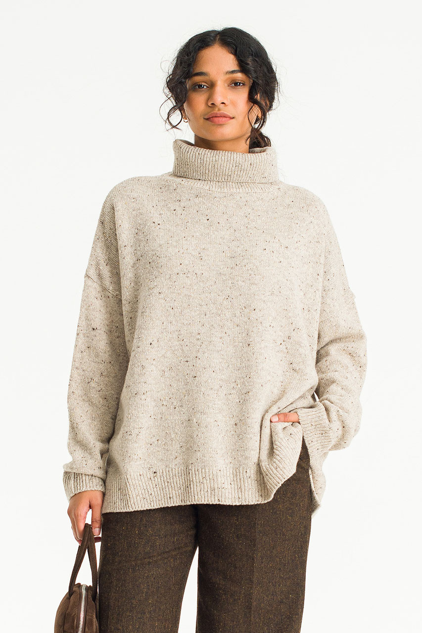 Oversize Boucle Roll Neck Jumper, Pebble