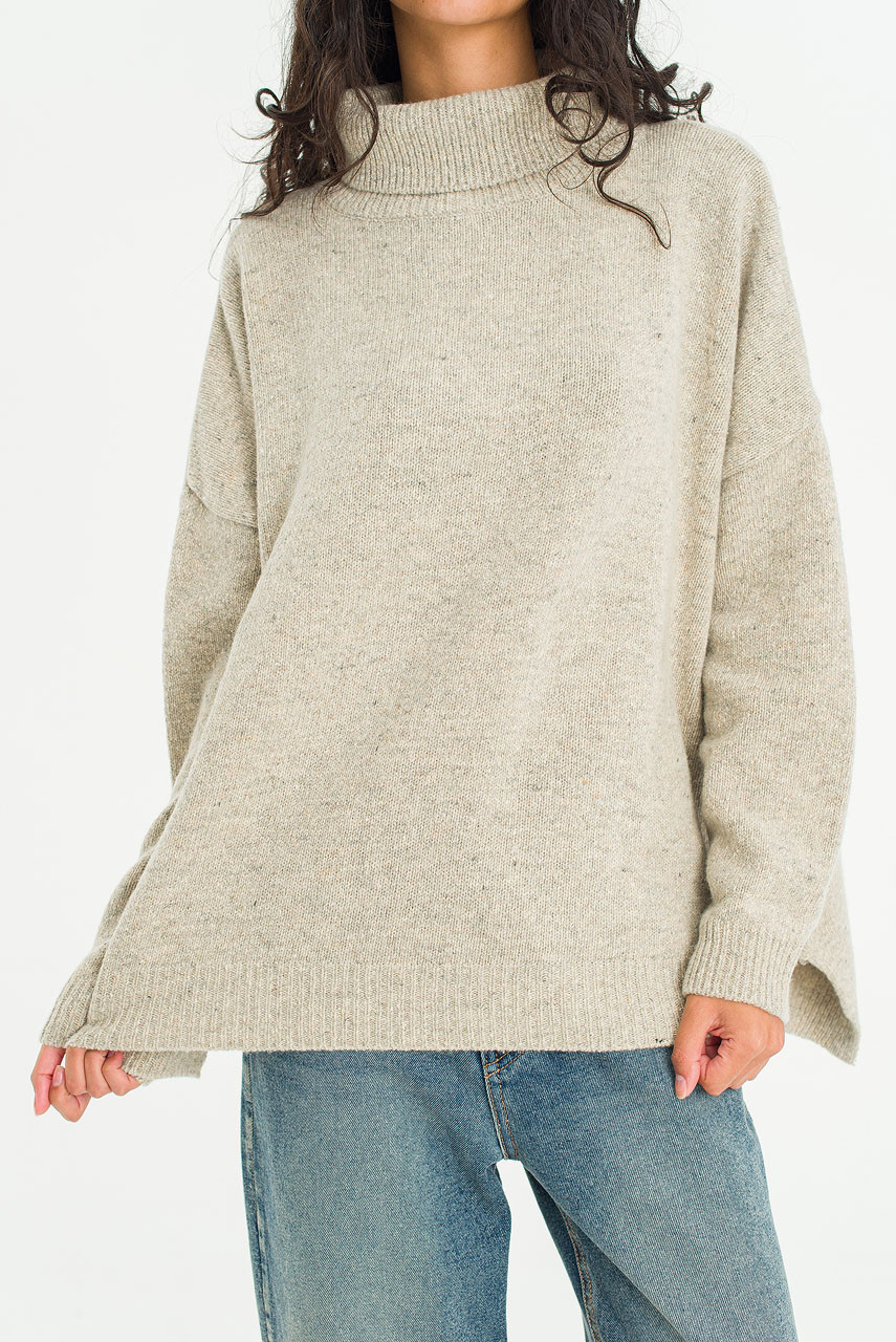 Oversize Boucle Roll Neck Jumper, Pebble