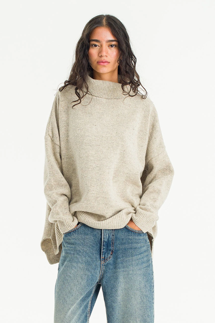 Oversize Boucle Roll Neck Jumper, Pebble