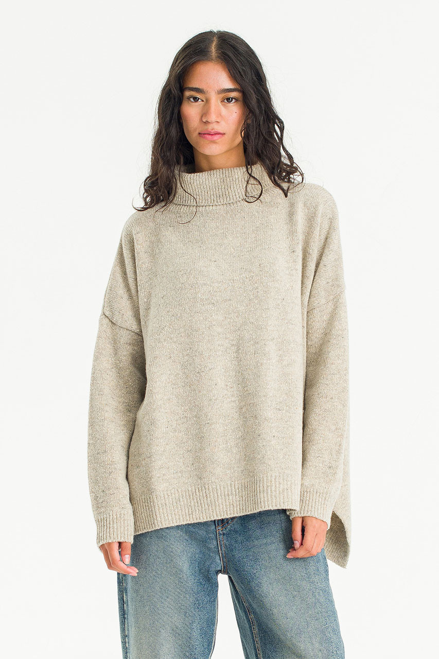 Oversize Boucle Roll Neck Jumper, Pebble