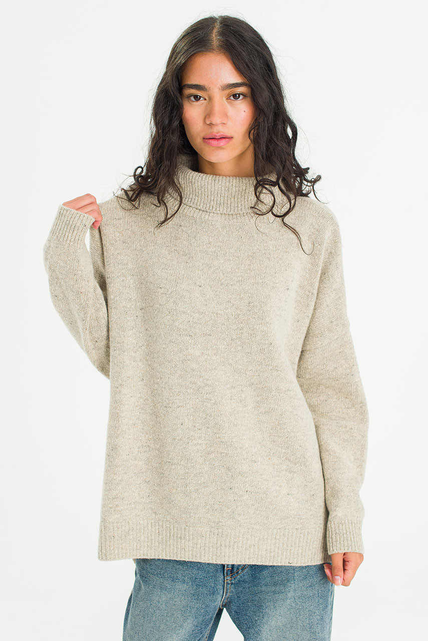 Oversize Boucle Roll Neck Jumper, Pebble