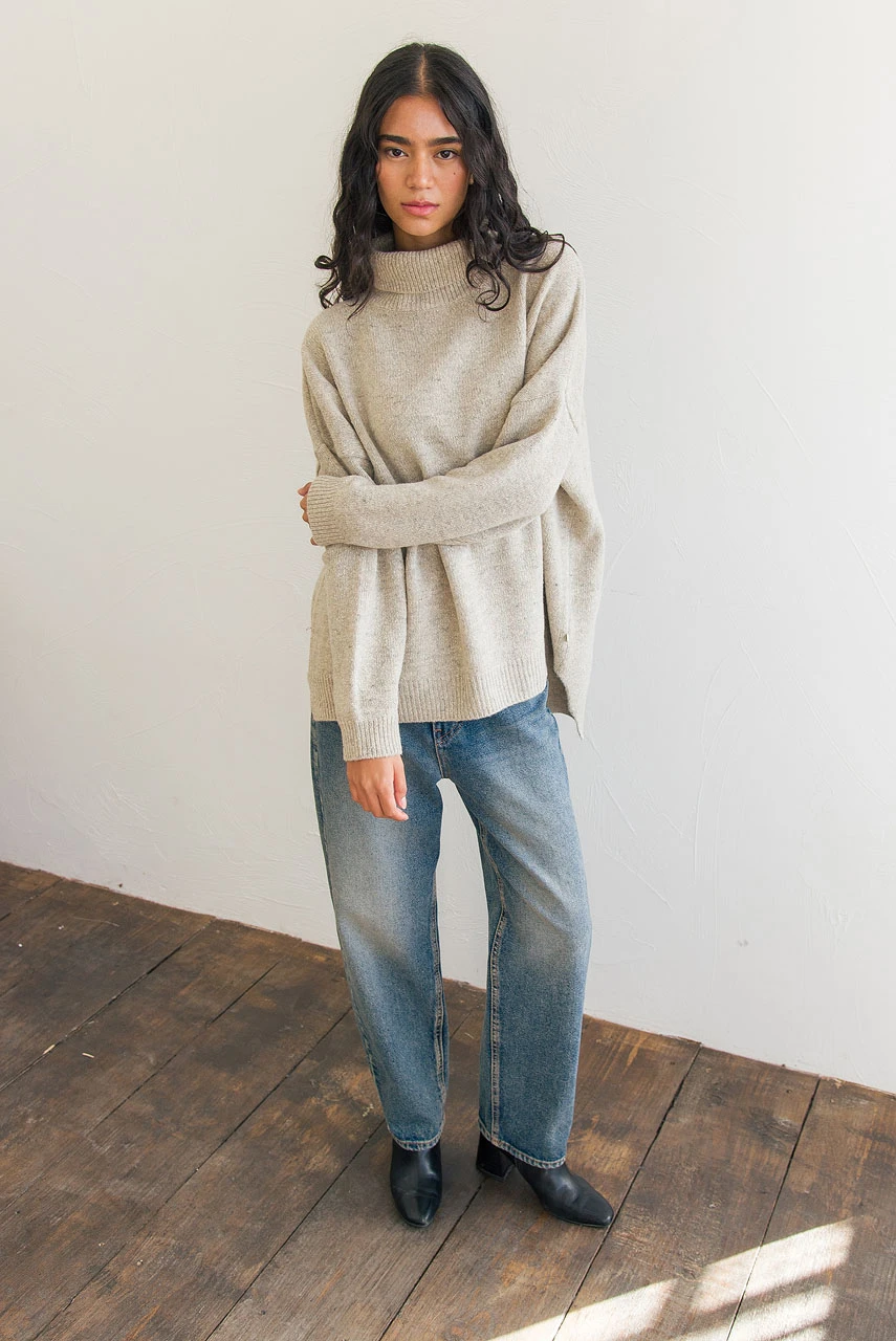 Oversize Boucle Roll Neck Jumper, Pebble