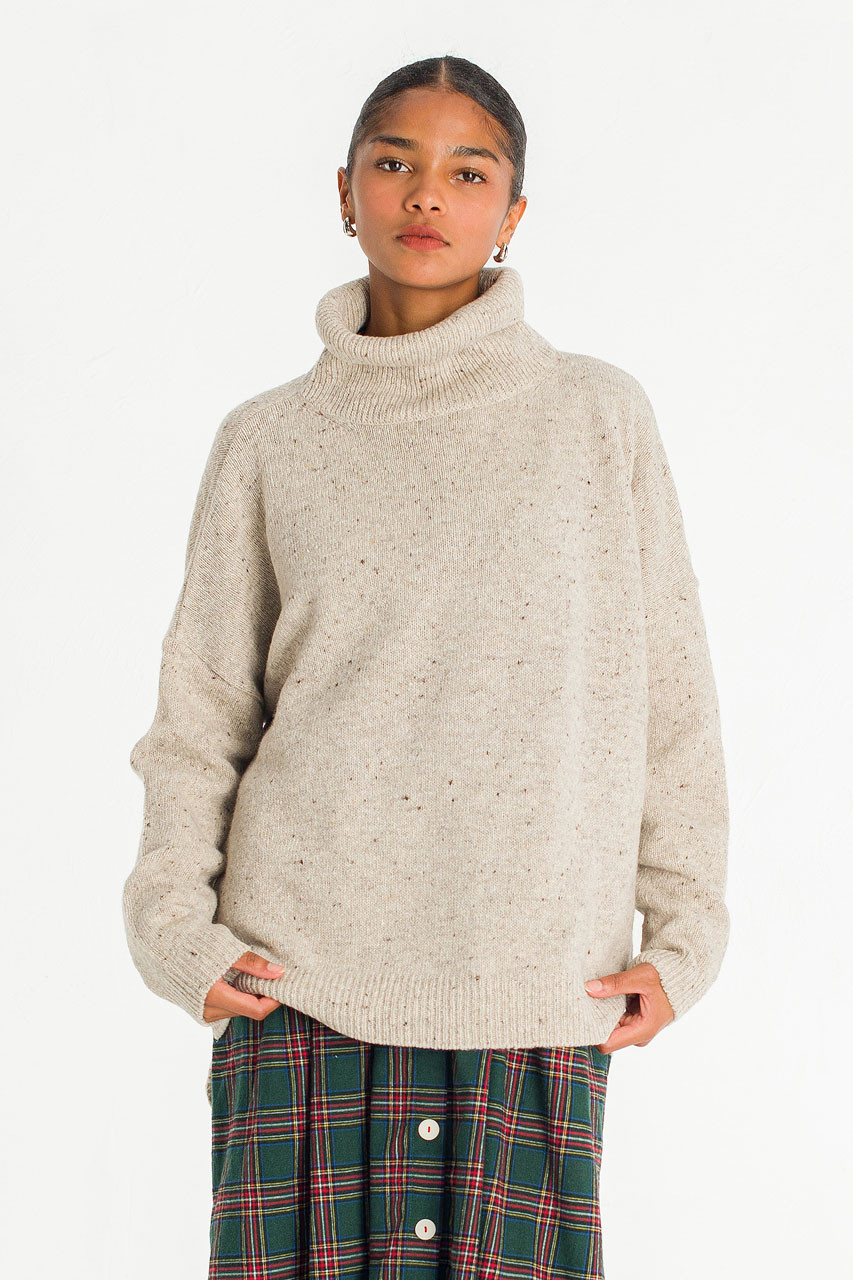 Oversize Boucle Roll Neck Jumper, Pebble