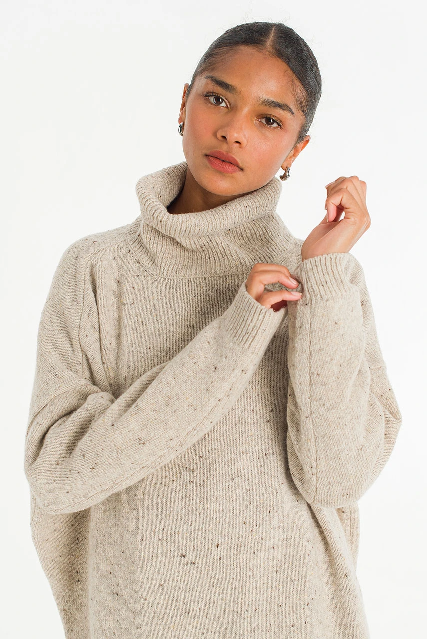 Oversize Boucle Roll Neck Jumper, Pebble