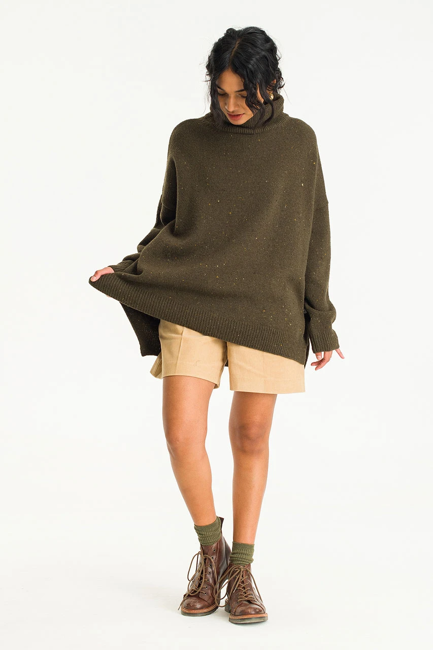 Oversize Boucle Roll Neck Jumper, Moss