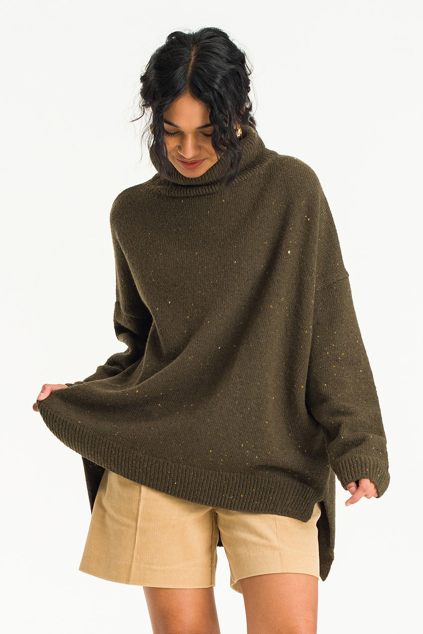 Oversize Boucle Roll Neck Jumper, Moss