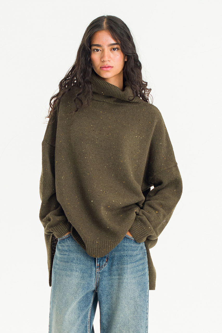 Oversize Boucle Roll Neck Jumper, Moss