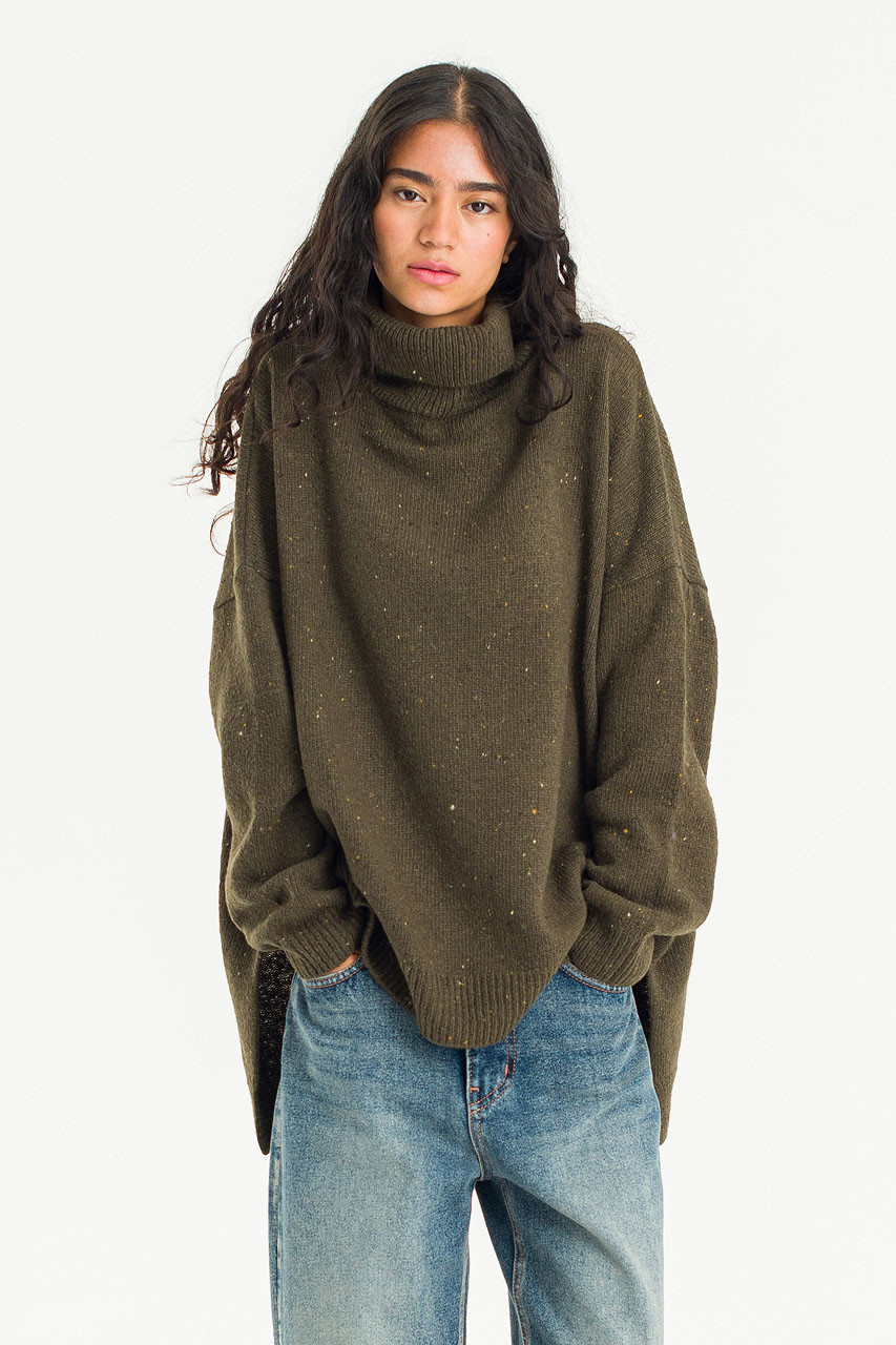 Oversize Boucle Roll Neck Jumper, Moss