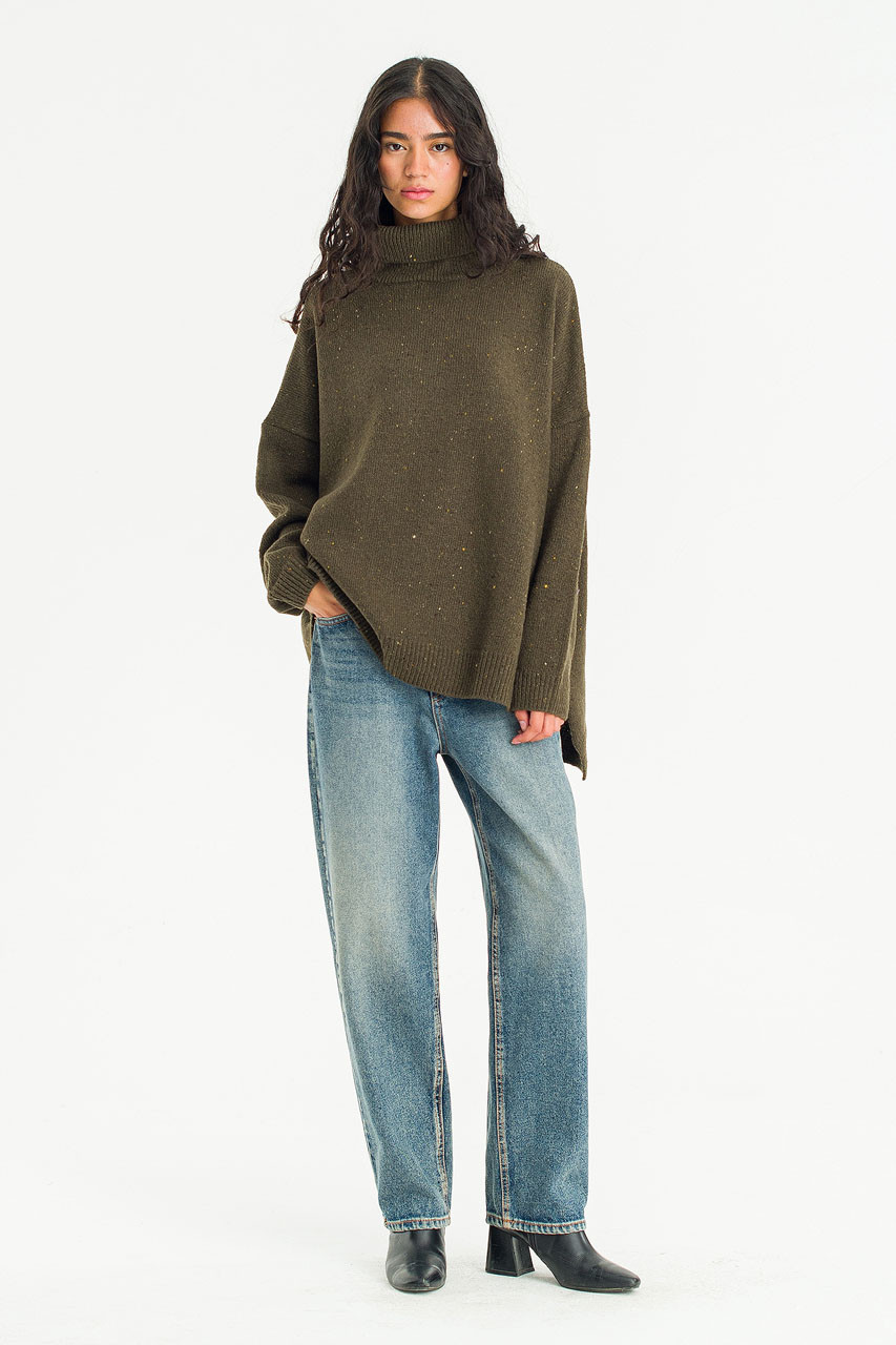 Oversize Boucle Roll Neck Jumper, Moss