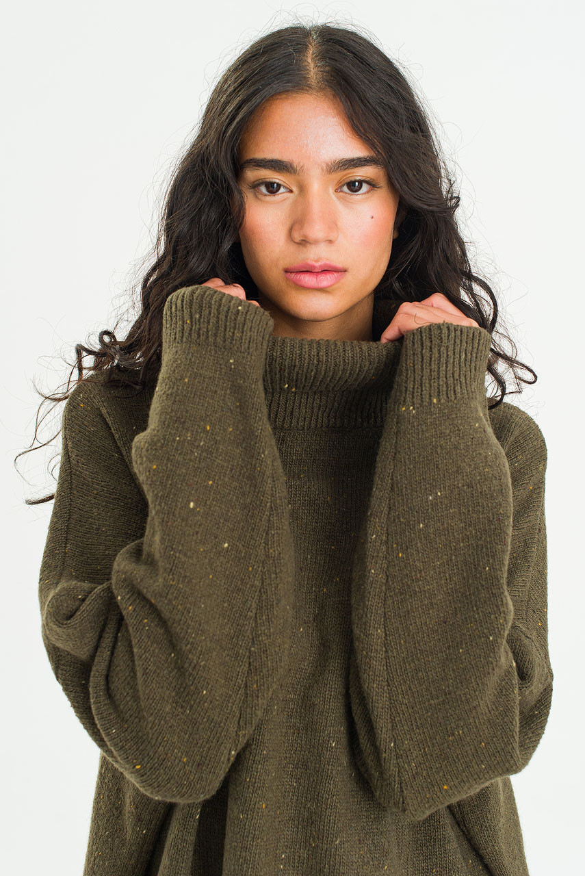 Oversize Boucle Roll Neck Jumper, Moss