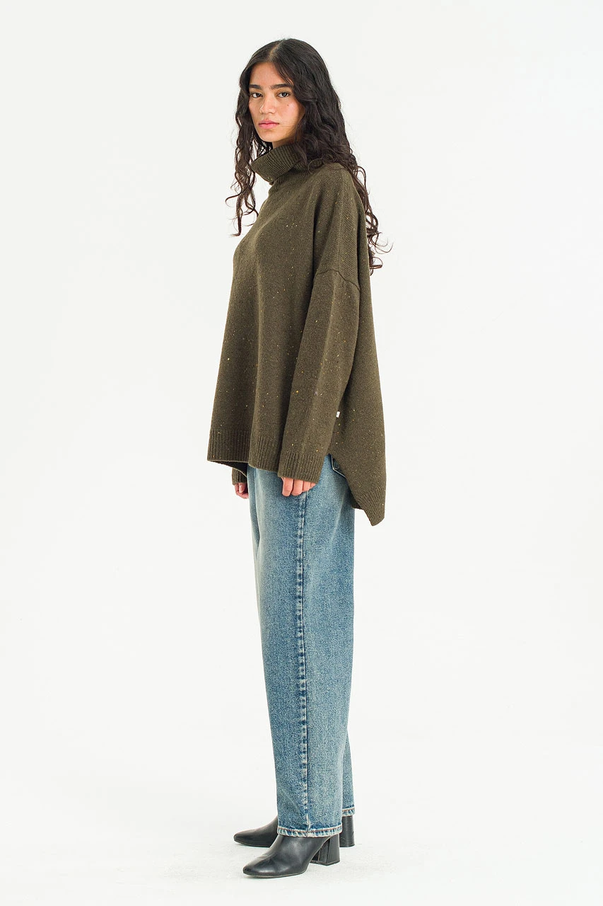 Oversize Boucle Roll Neck Jumper, Moss