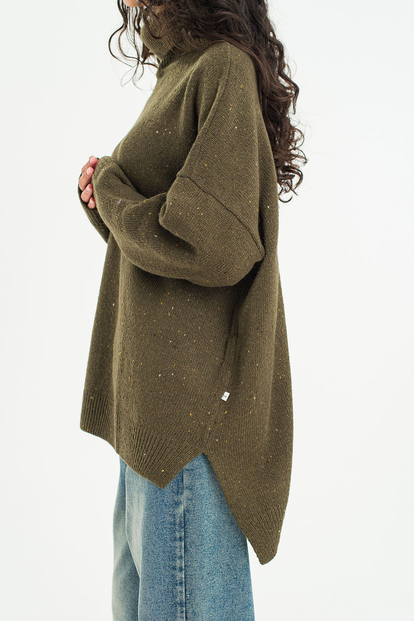 Oversize Boucle Roll Neck Jumper, Moss