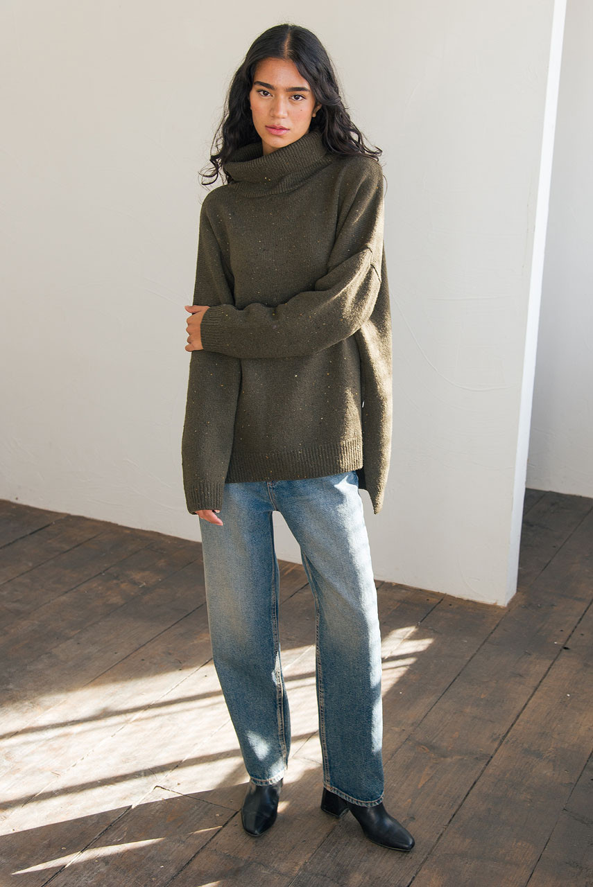 Oversize Boucle Roll Neck Jumper, Moss