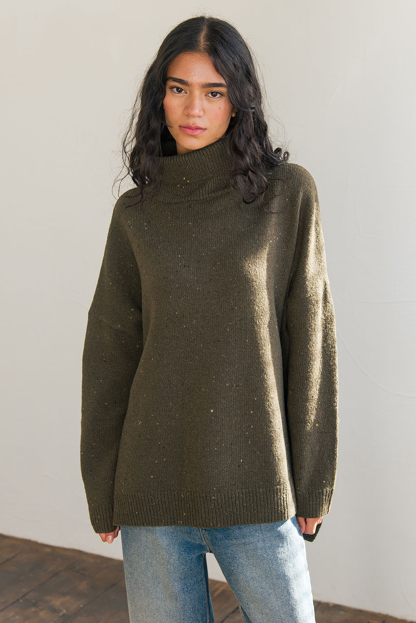 Oversize Boucle Roll Neck Jumper, Moss