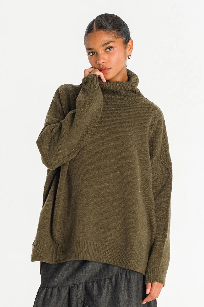 Oversize Boucle Roll Neck Jumper, Moss