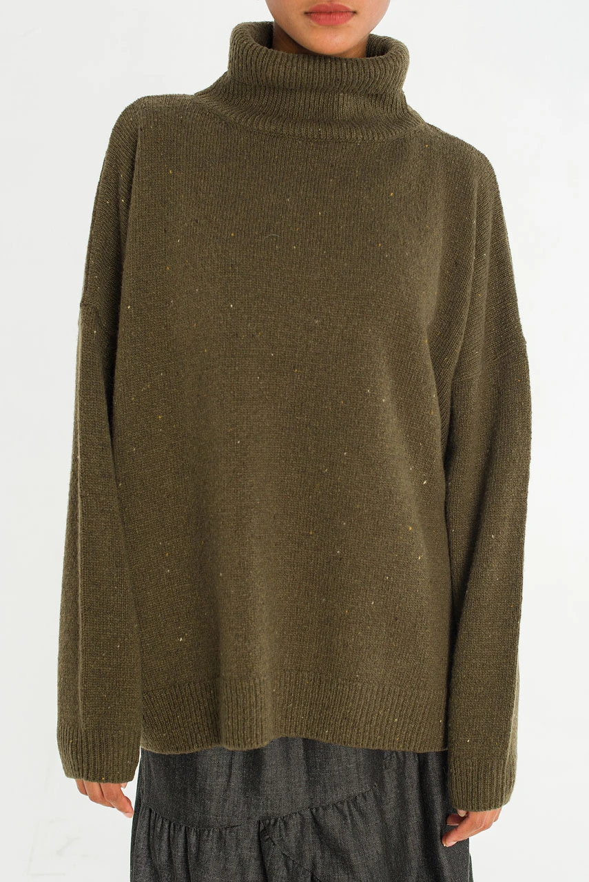 Oversize Boucle Roll Neck Jumper, Moss