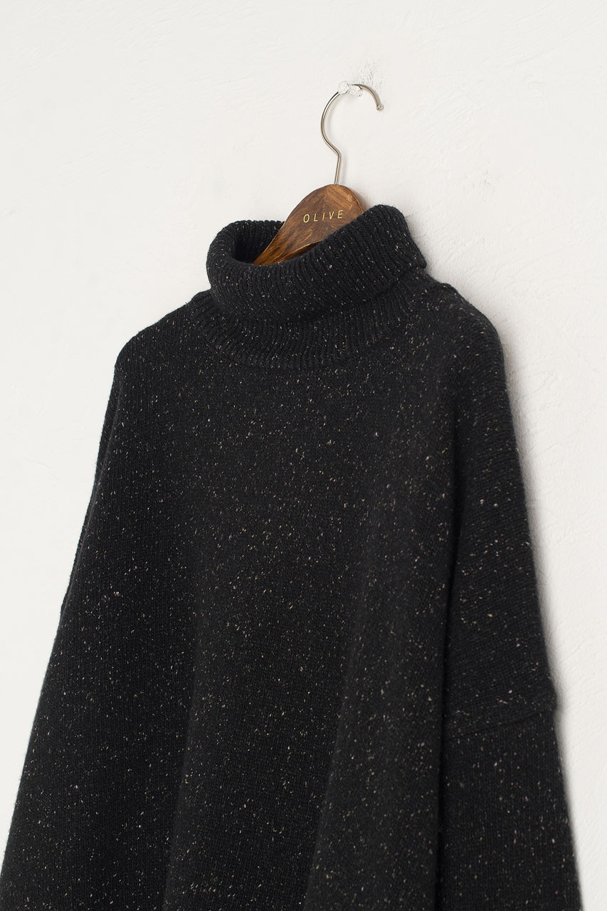 Oversize Boucle Roll Neck Jumper, Black