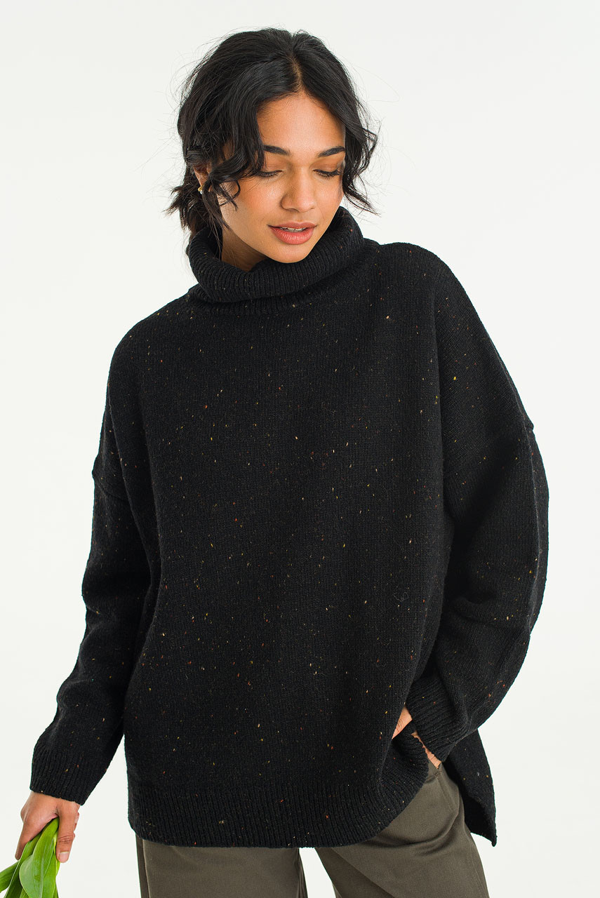 Oversize Boucle Roll Neck Jumper, Black