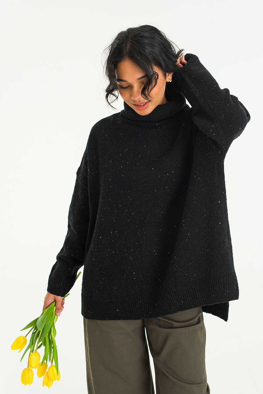 Oversize Boucle Roll Neck Jumper, Black