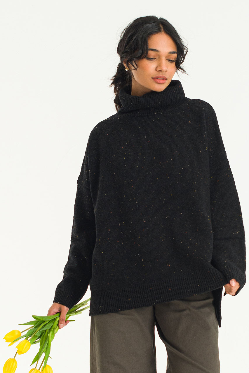 Oversize Boucle Roll Neck Jumper, Black