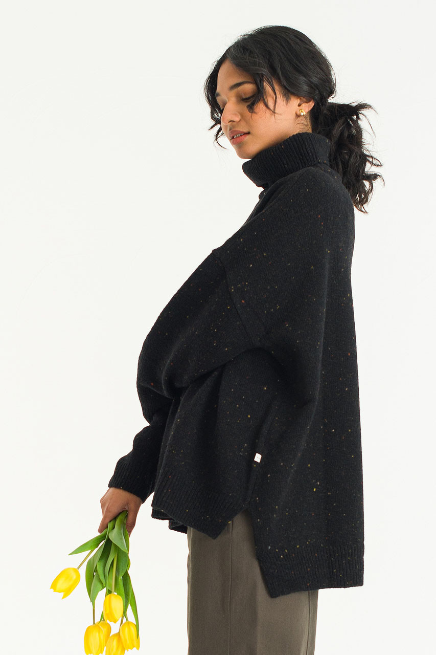 Oversize Boucle Roll Neck Jumper, Black