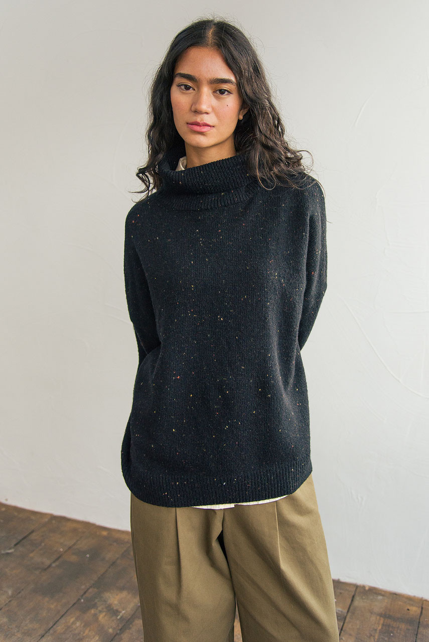 Oversize Boucle Roll Neck Jumper, Black