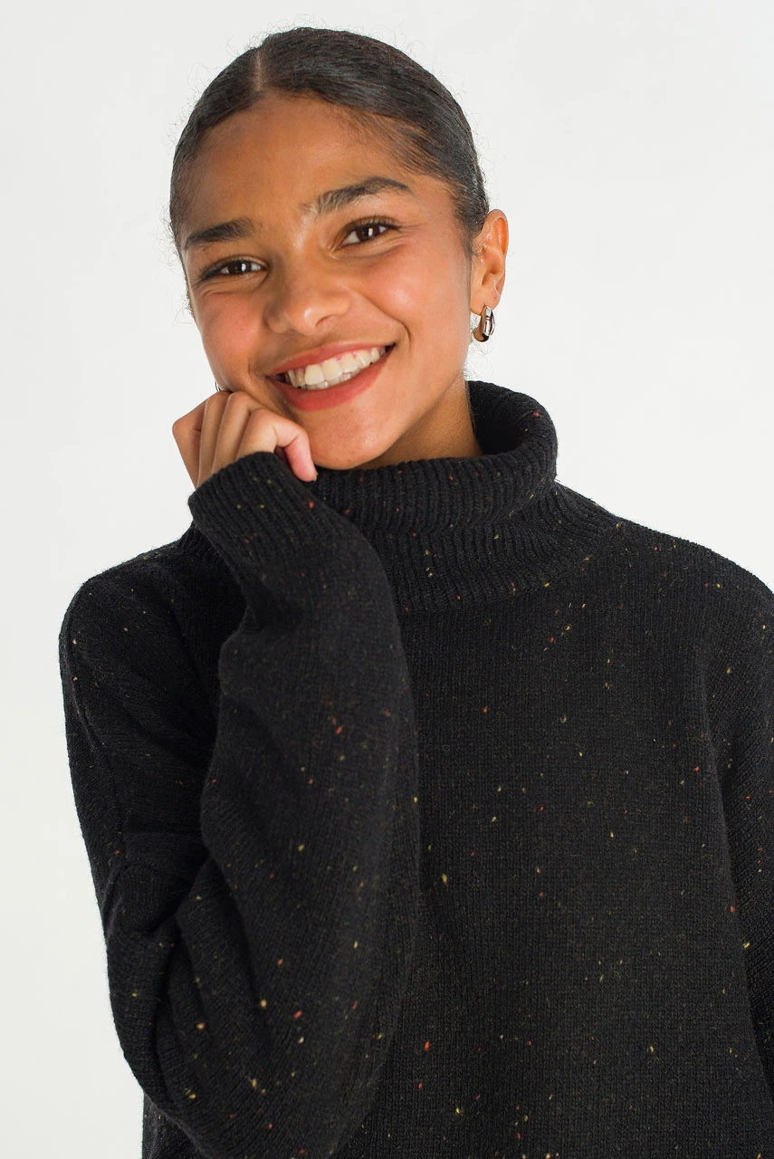 Oversize Boucle Roll Neck Jumper, Black
