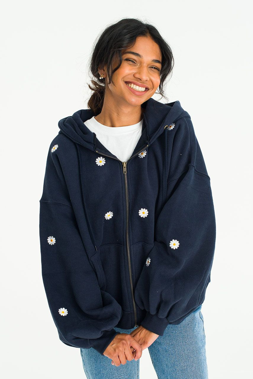Fleece Daisy Zip Up Hoody, Navy