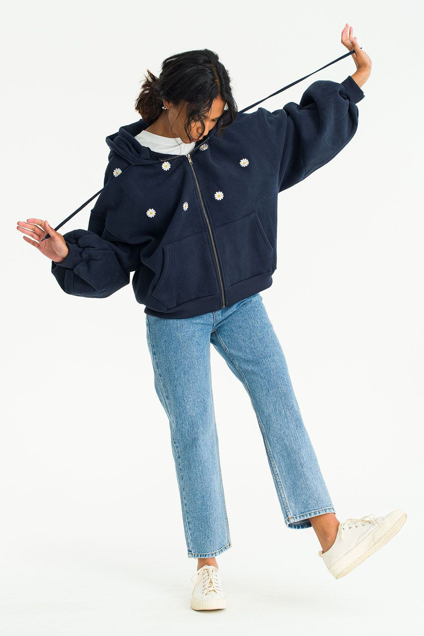 Fleece Daisy Zip Up Hoody, Navy